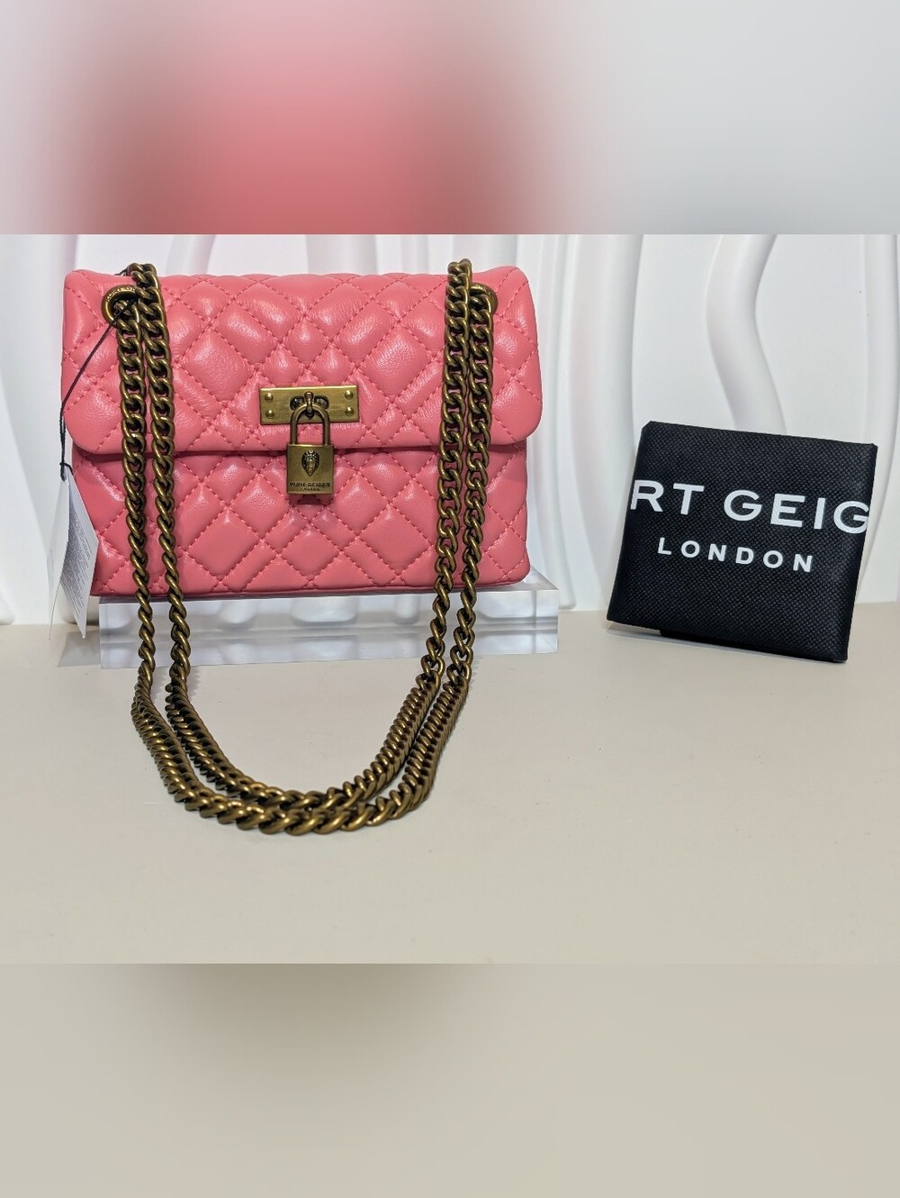 NWT Kurt Geiger Mini Brixton Pink Leather Quilted Crossbody Bag Dust Bag